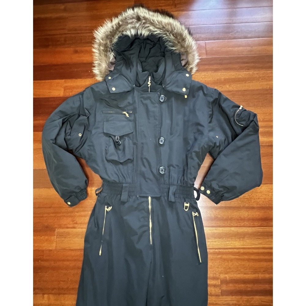 Bogner Black w/ Gold Ski Snow Jumpsuit Raccoon Fur Hood Black Size 12 EUC - Picture 4 of 15
